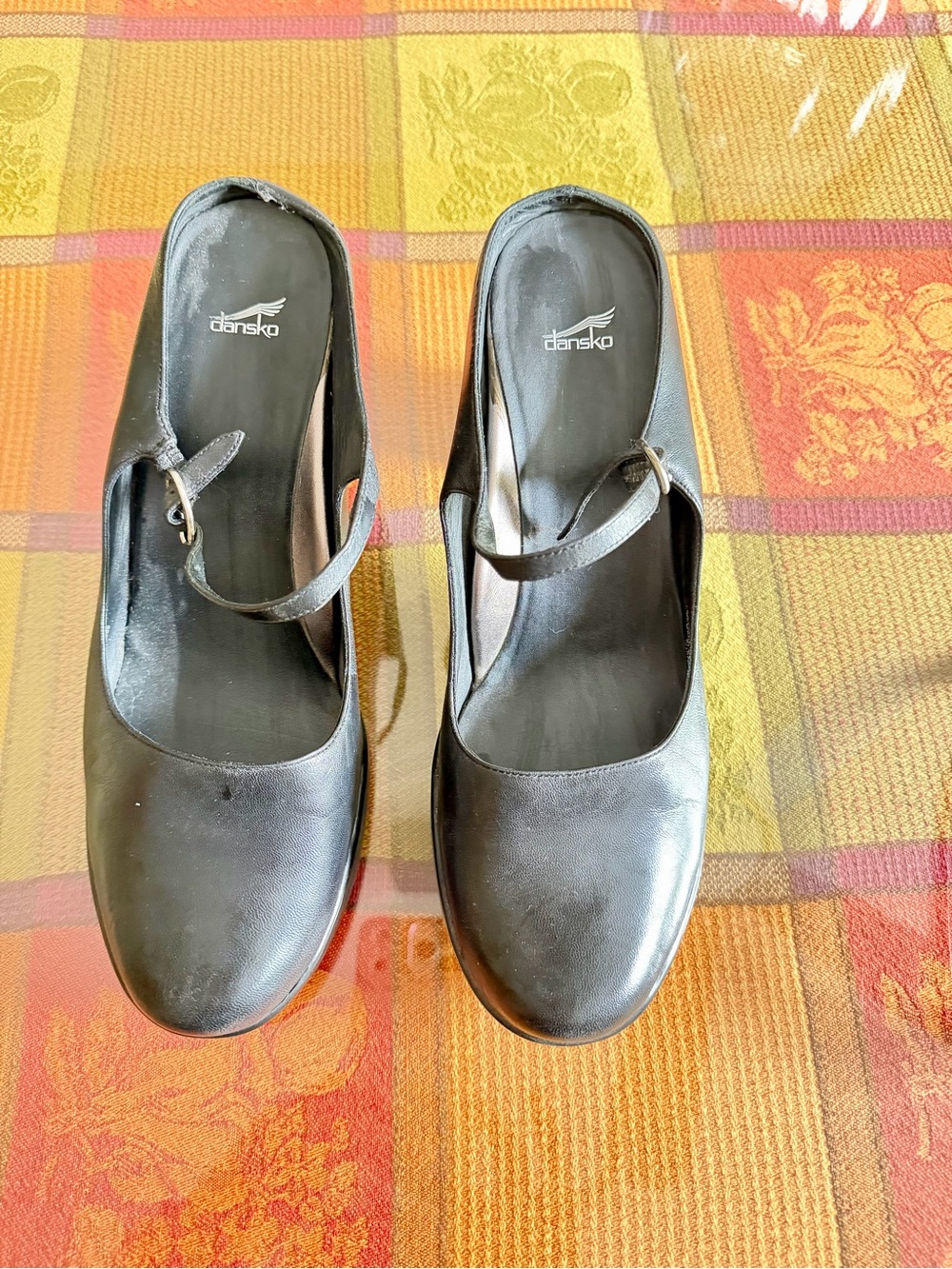 Dansko Black Leather Mary Jane Clogs with Strap